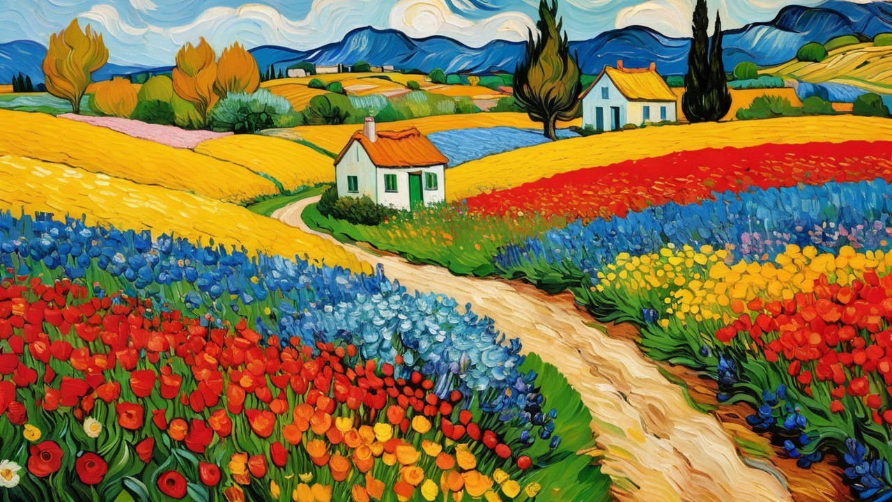 Vibrant Countryside Landscape with Colorful Flowers