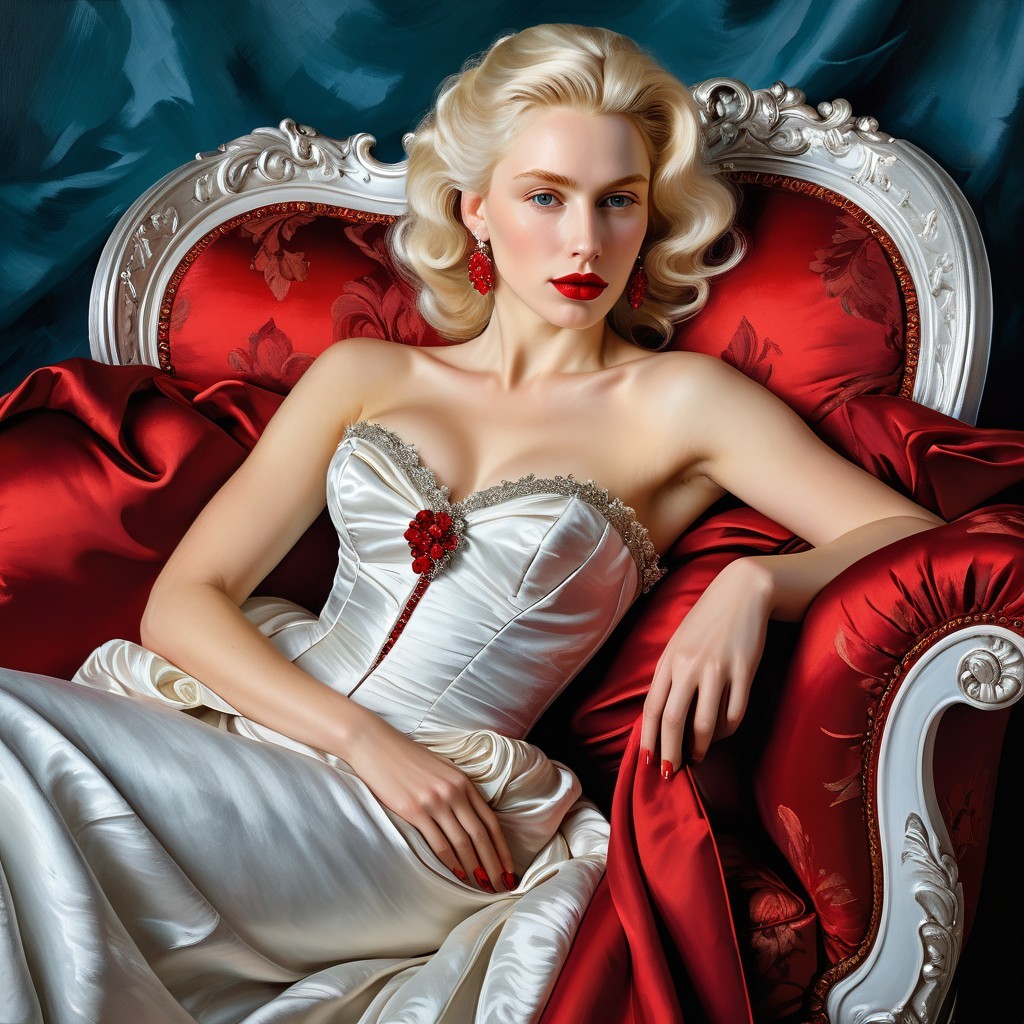 Glamorous Woman in Elegant Gown on Ornate Chaise
