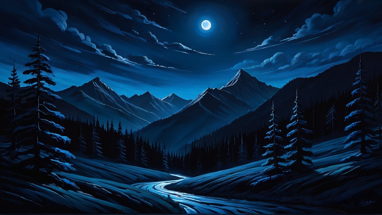 Moonlit Landscape with Mountains and River Reflections