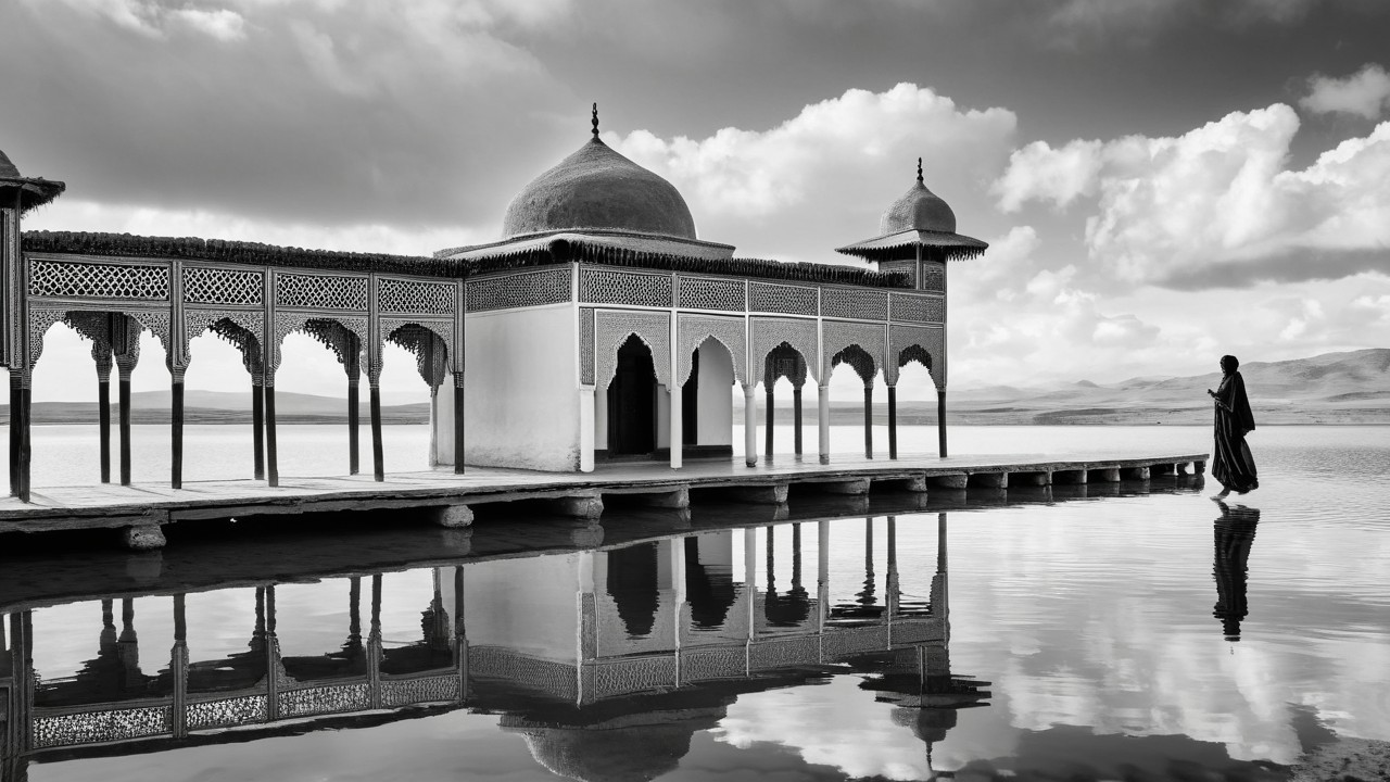 Ornate architectural structure reflected in still waters