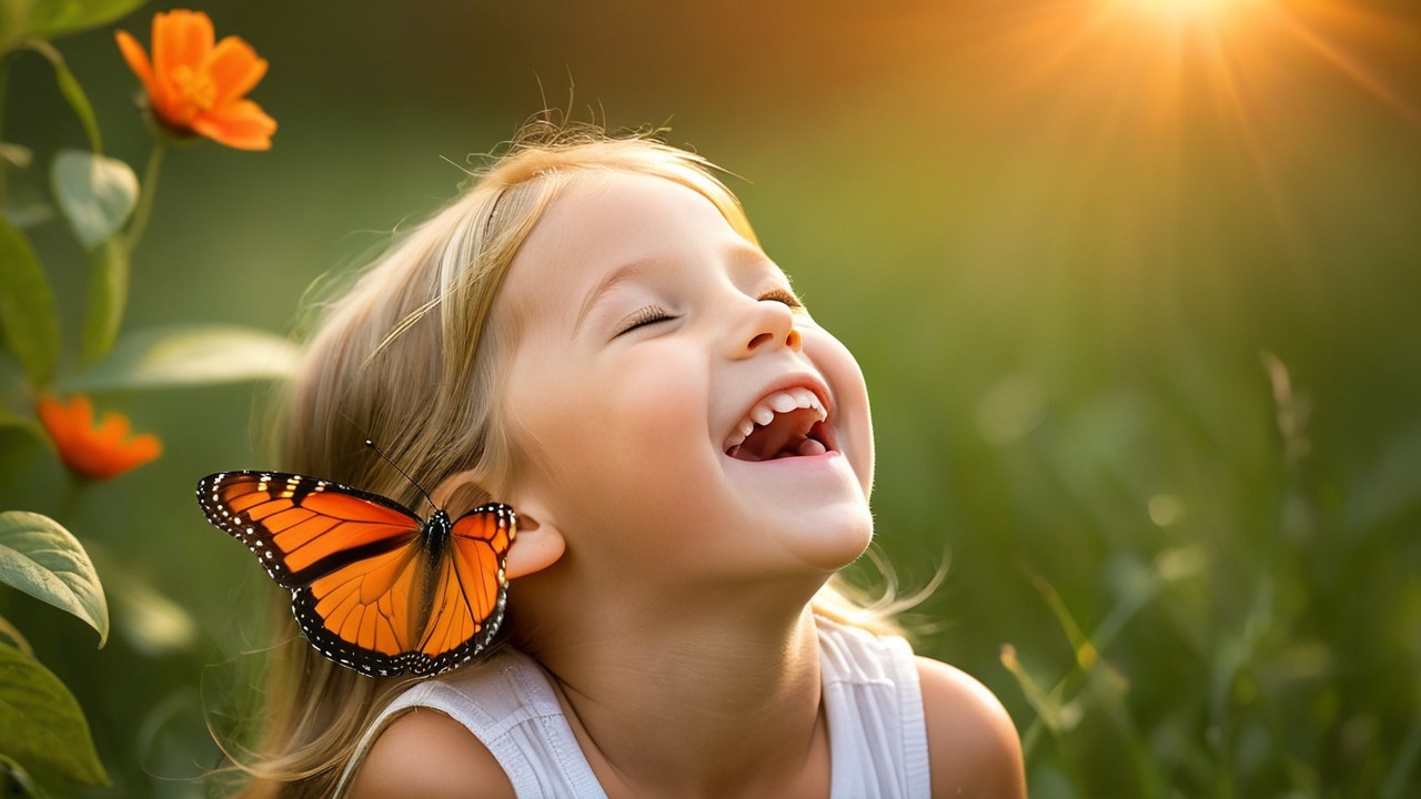 Young Girl Laughing in a Flower-Filled Field