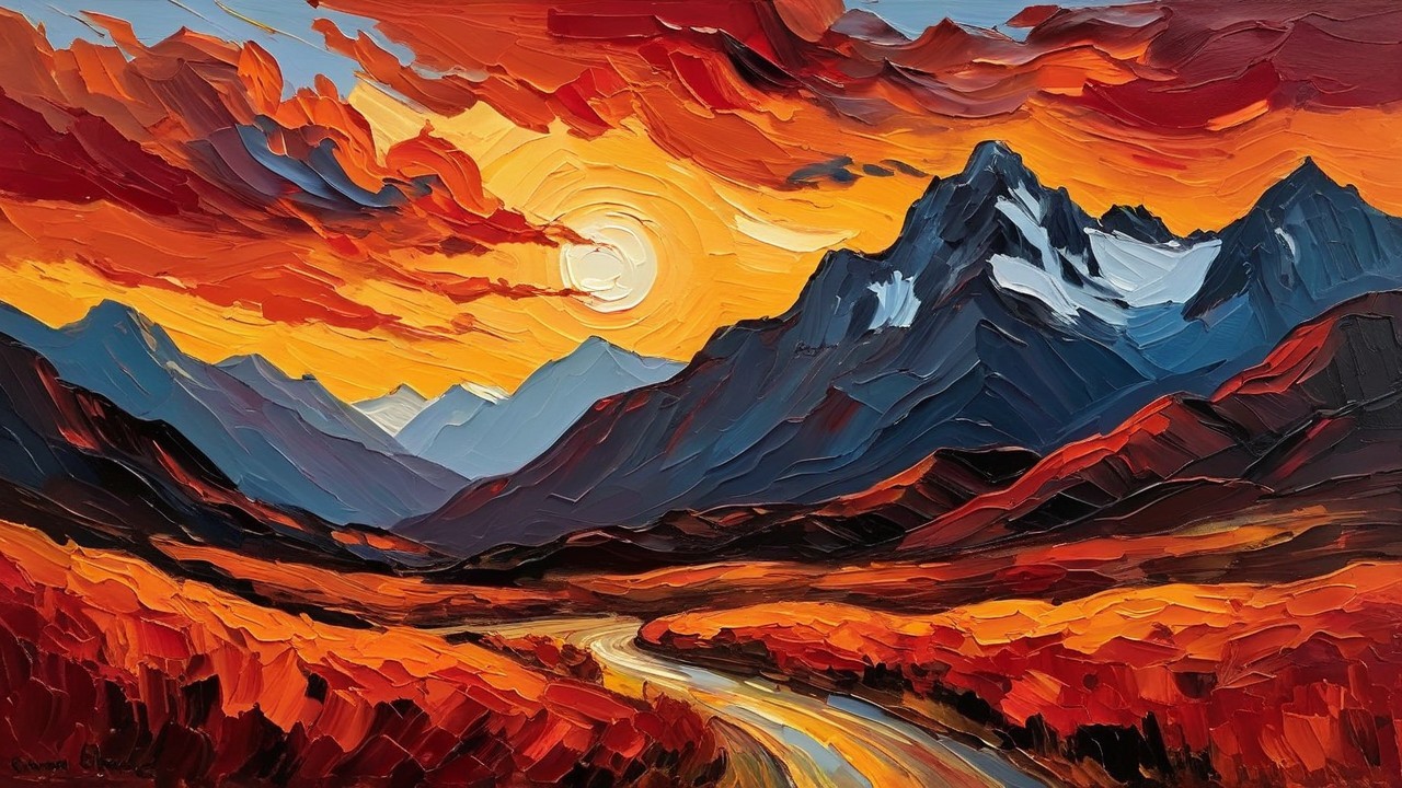 Vibrant Landscape Painting of Sunset Over Mountains