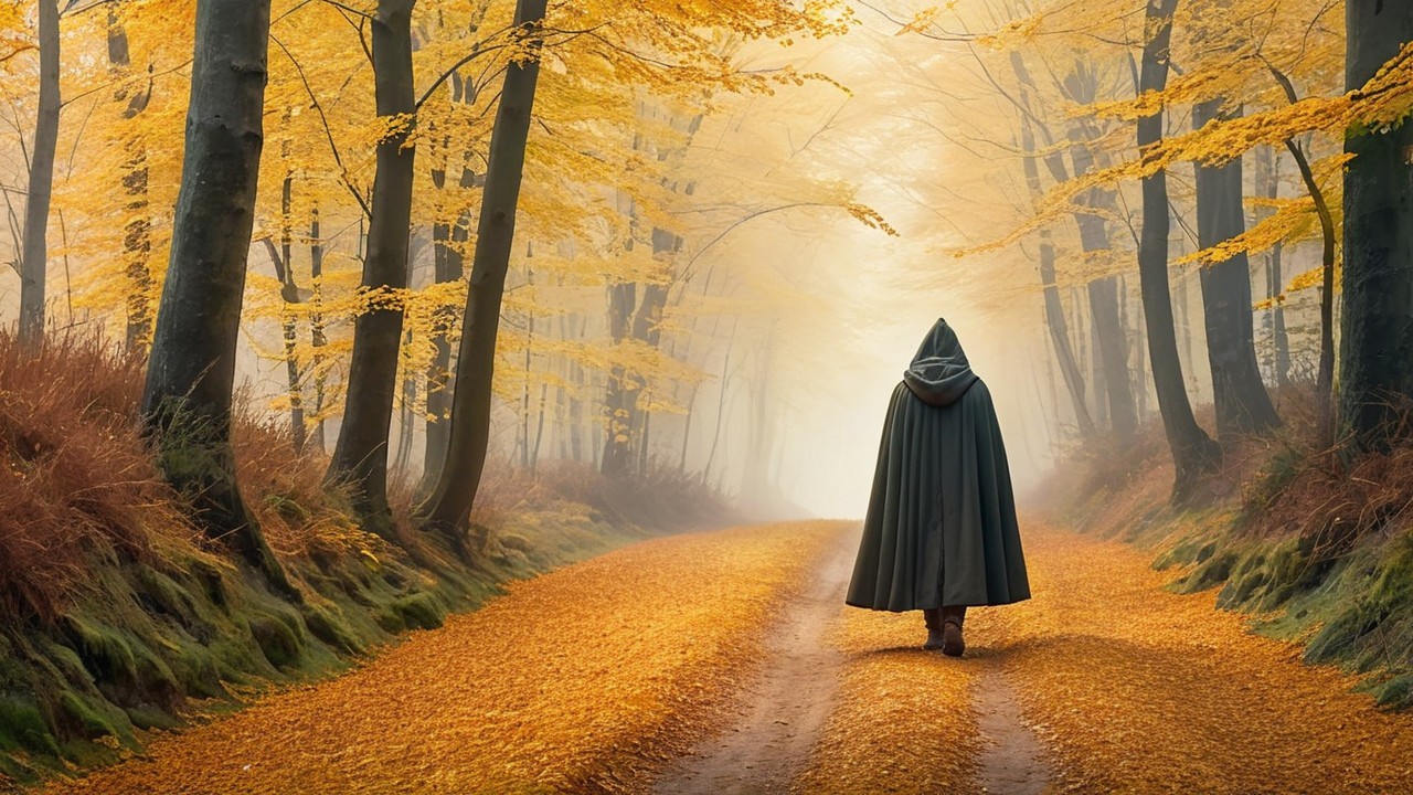 Solitary Figure on Winding Path in Autumn Woods