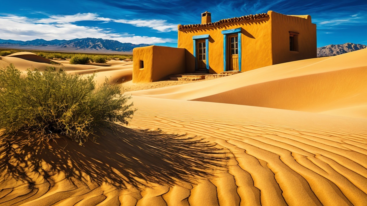 Solitary adobe house in desert landscape with blue doors