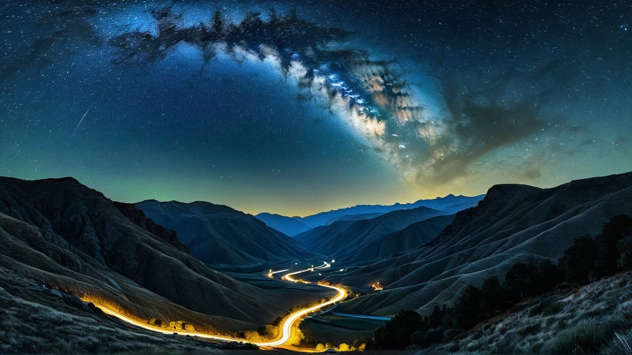 Winding Road and Milky Way Over Rugged Mountains