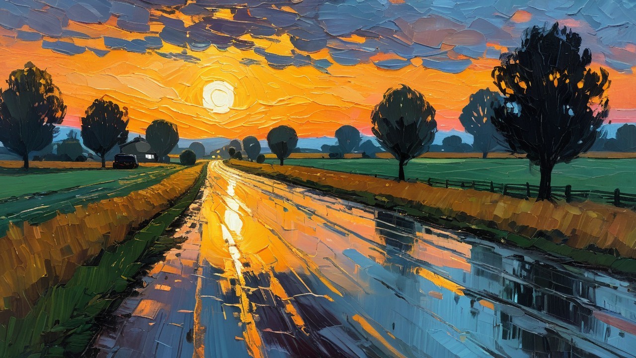 Vibrant Sunset Over Tranquil Countryside Landscape
