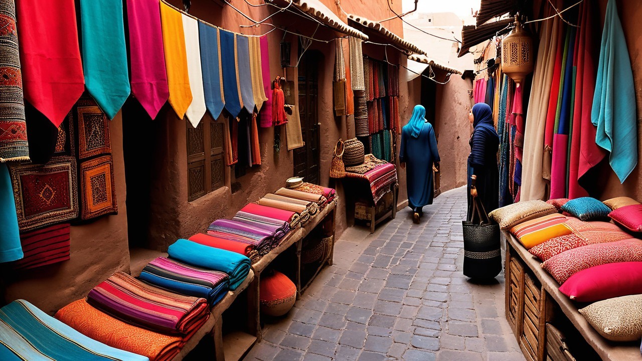 Colorful Market Alleyway with Textile Stalls and Banners