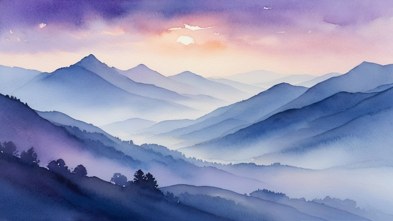 Serene Watercolor Landscape of Rolling Mountains