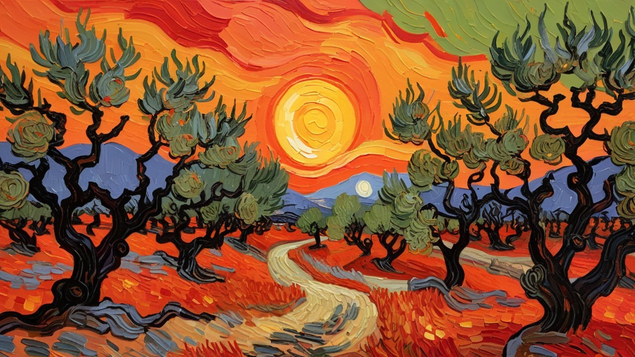 Vibrant Sunset Landscape with Olive Trees and Hills