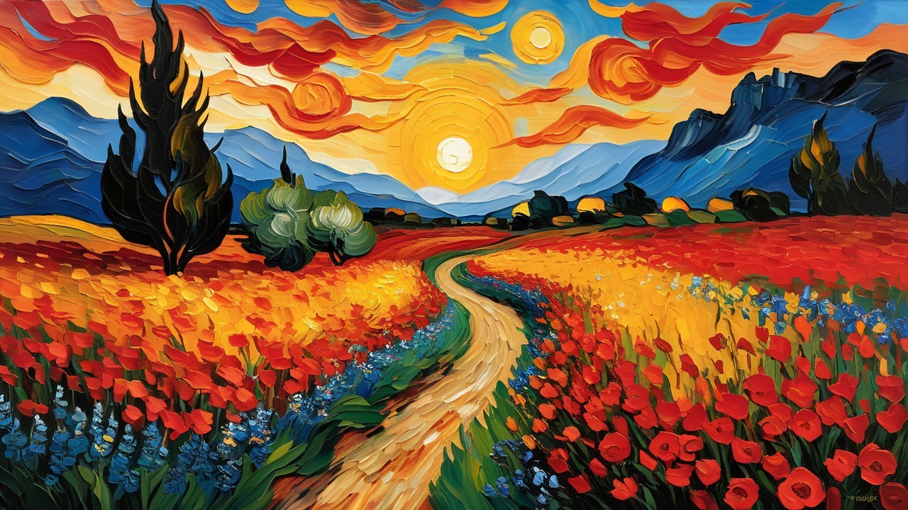 Vibrant Landscape with Winding Path and Sunset Sky
