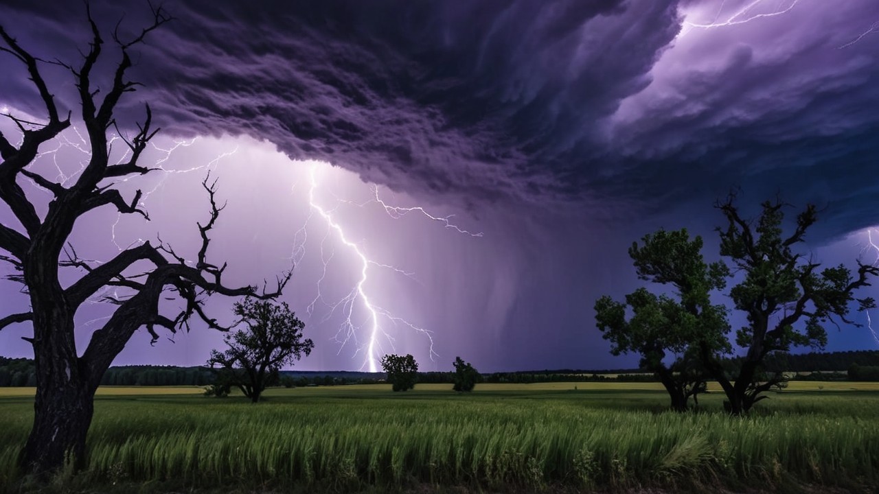 Dramatic Storm Over Landscape with Purple Clouds