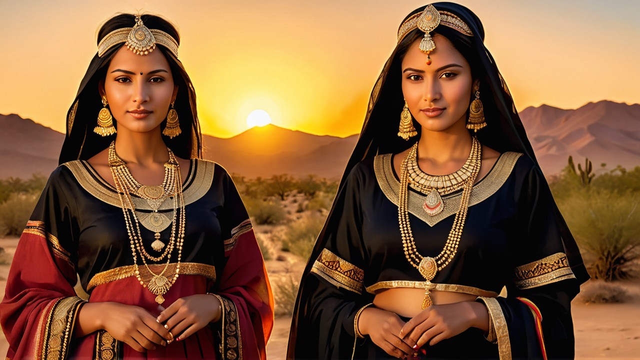 Elegantly Dressed Women in Traditional Attire at Sunset