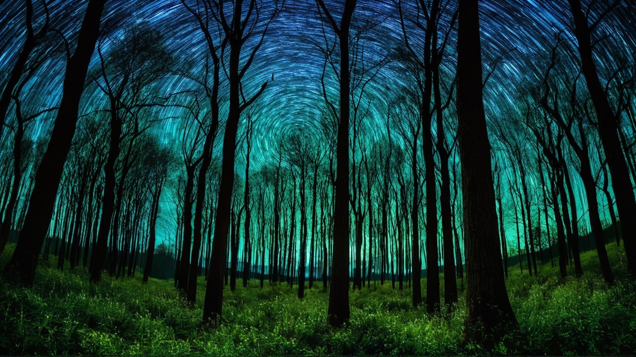 Night Forest Scene with Starry Sky and Greenery
