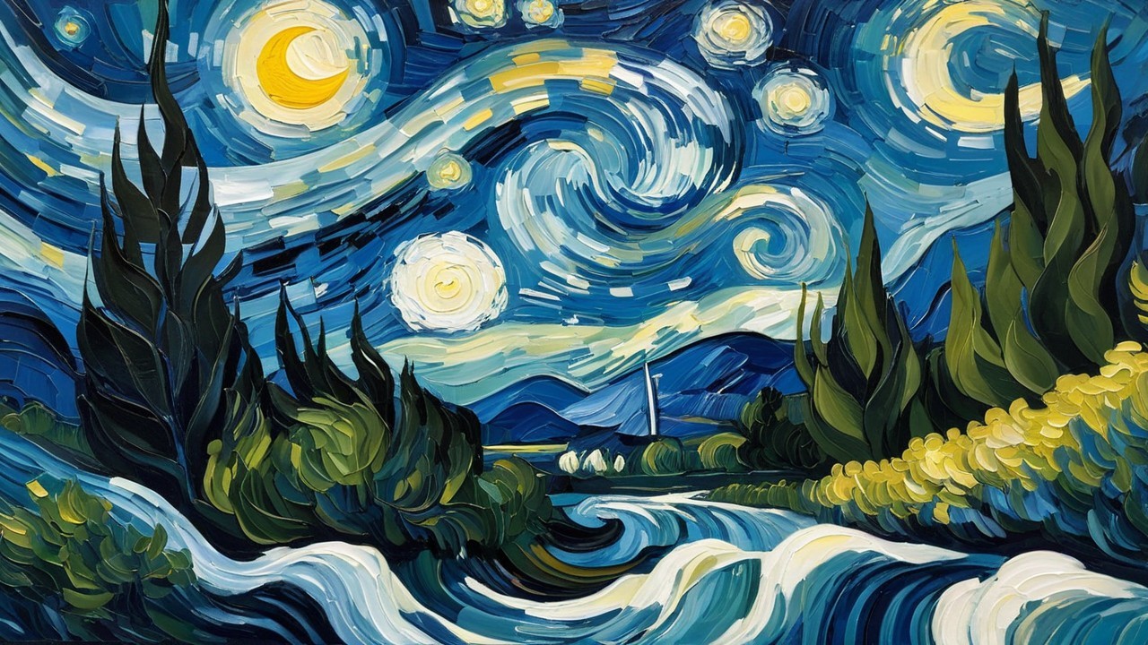 Vibrant Oil Painting of Starry Night Sky and Cypress Trees