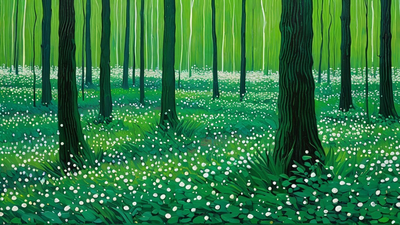 Vibrant Forest Scene with Lush Greenery and Flowers