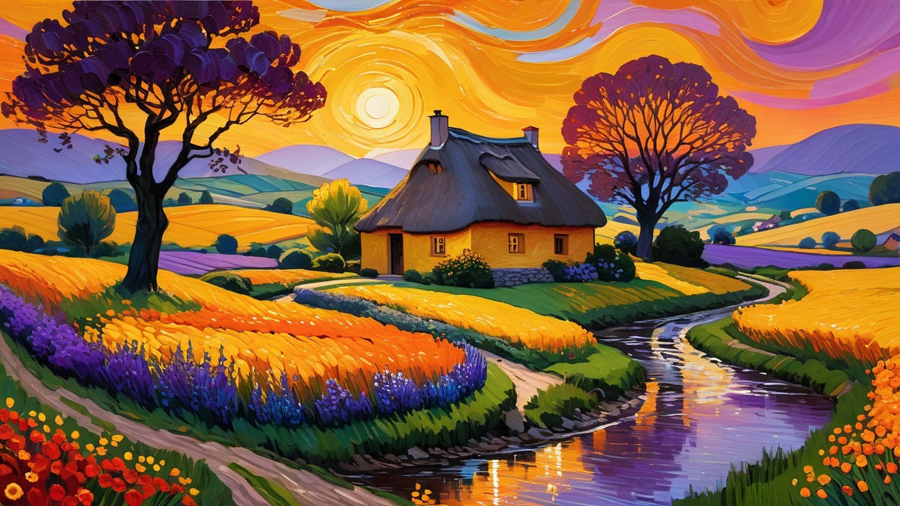 Charming Cottage in Vibrant Flower Fields at Sunset