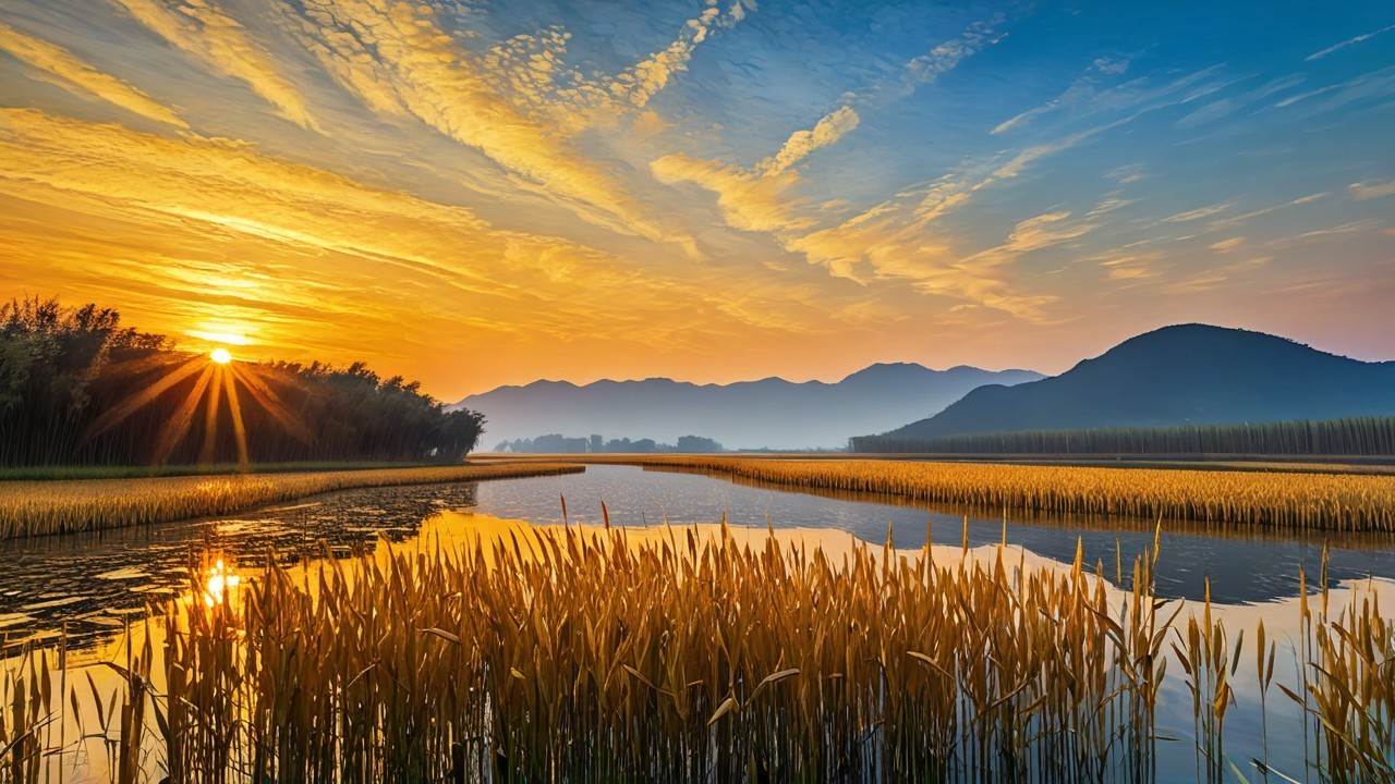 Tranquil Sunrise Landscape with Water and Rice Fields