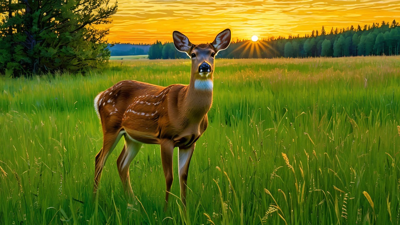 Serene sunset landscape with young deer in meadow