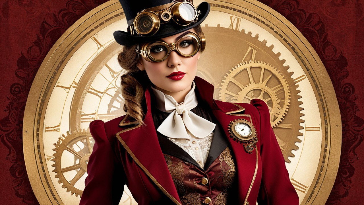 Victorian Steampunk Outfit with Clock Gears Background