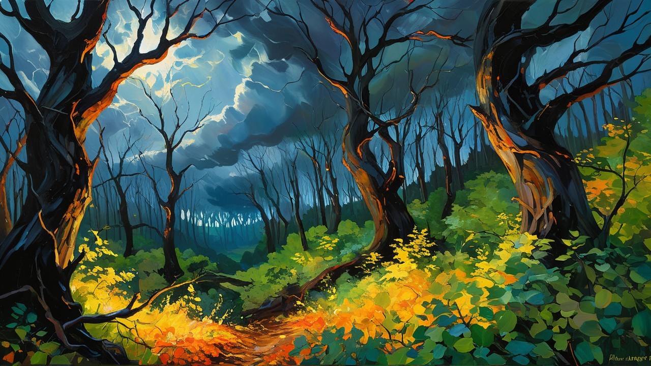 Vibrant Forest Scene with Dark Trees and Golden Foliage