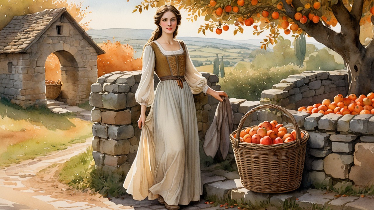 Young Woman in Traditional Dress by Stone Wall