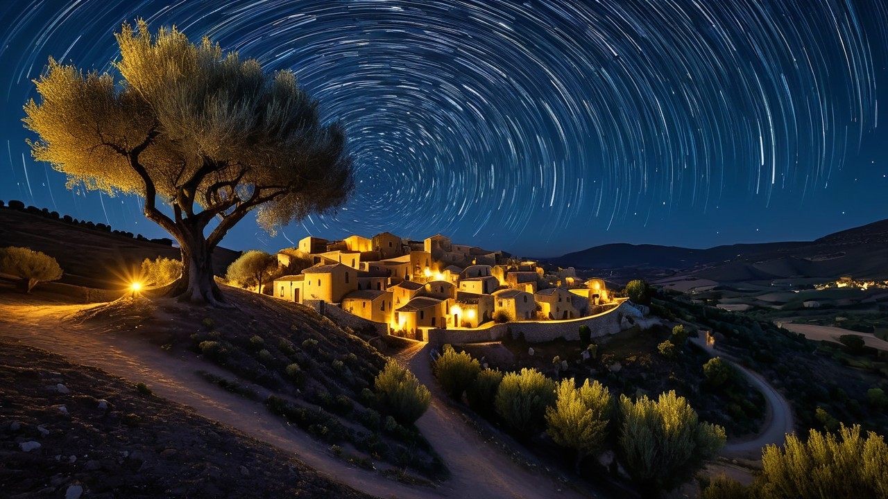 Tranquil Village Under Starry Night Sky with Olive Tree