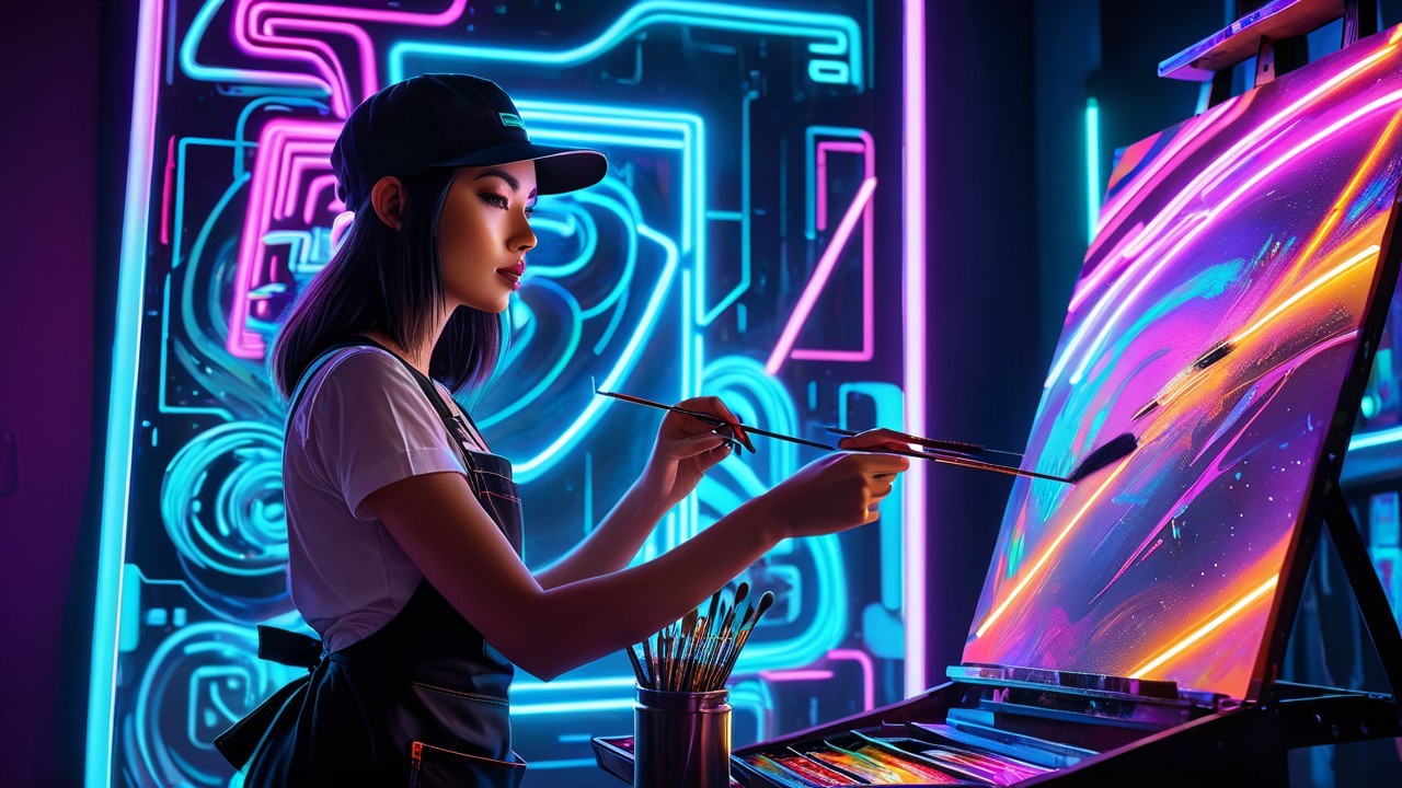 Young artist painting in vibrant neon-lit studio