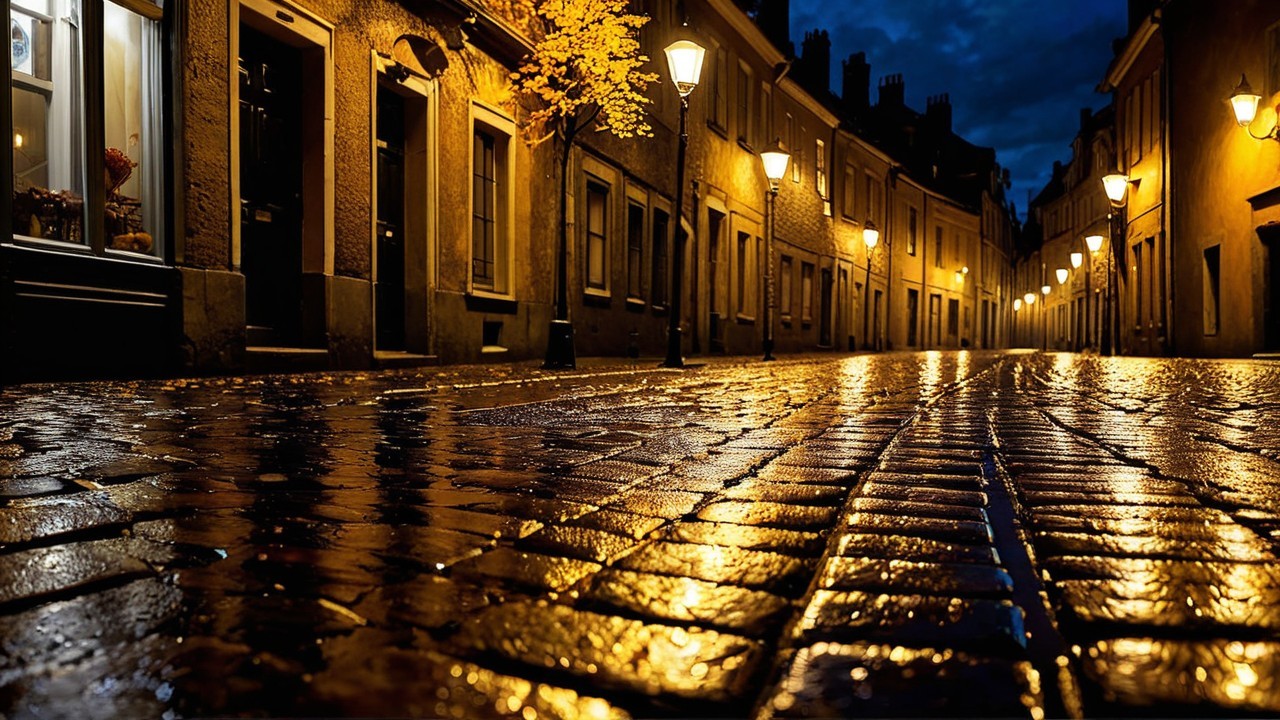 Charming Cobblestone Street After Rain at Dusk