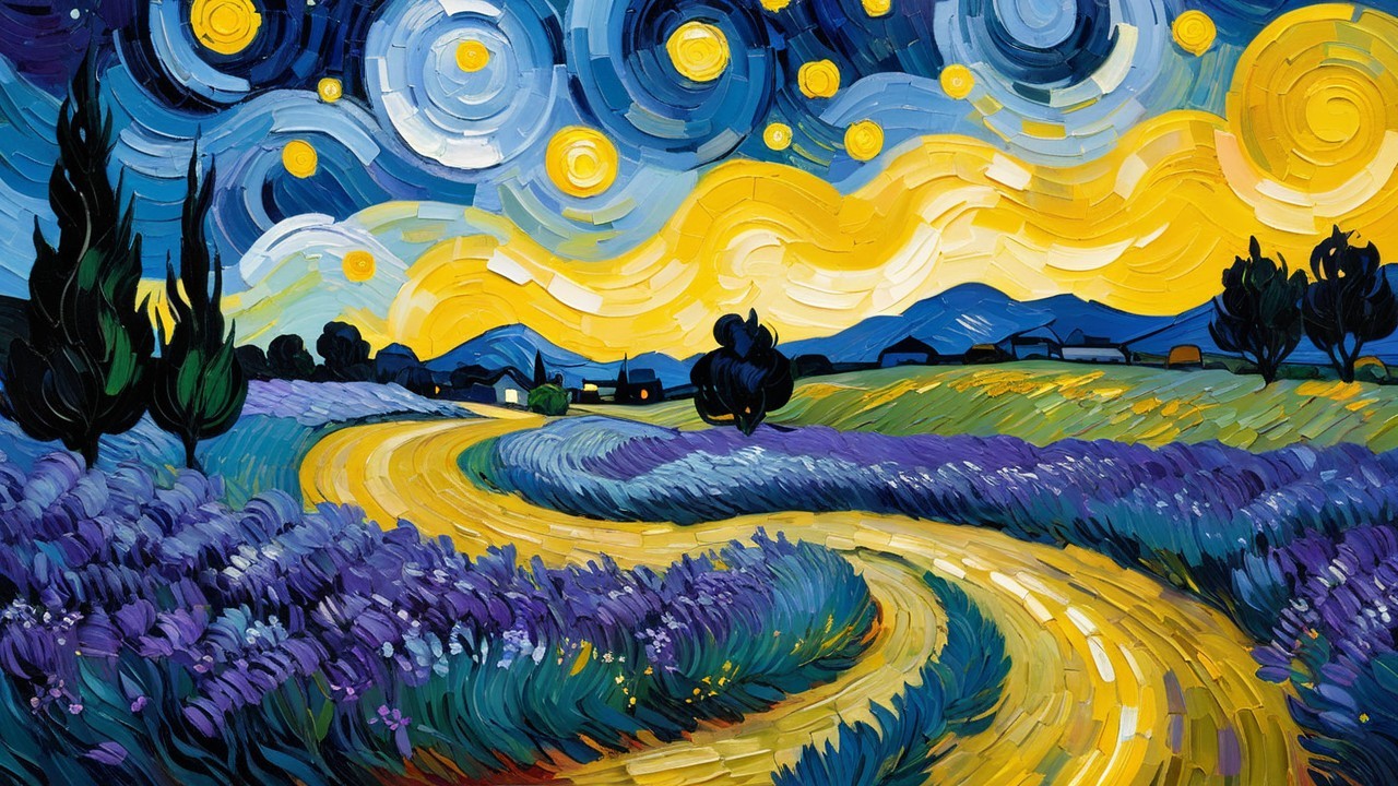 Vibrant Night Sky Over Lavender Fields and Mountains