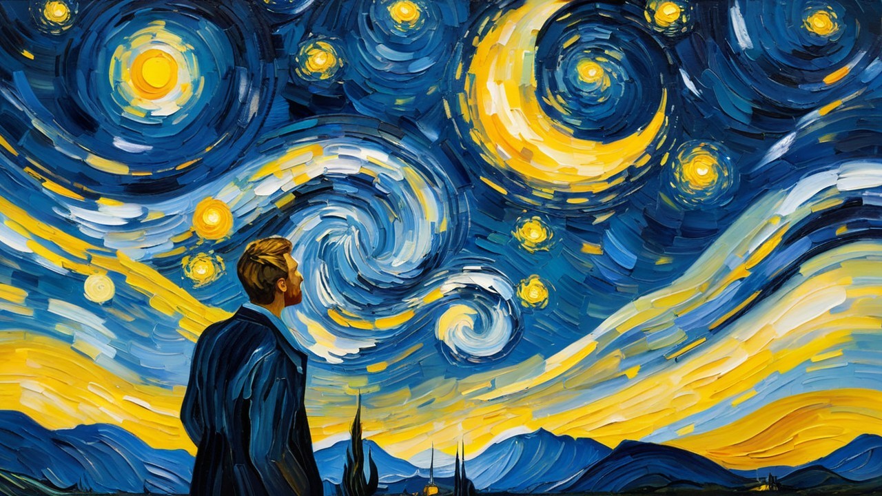 Figure Under Starry Sky with Dreamlike Landscape