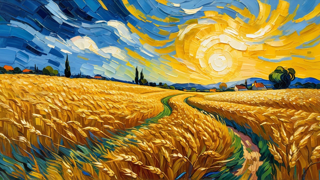 Vibrant Wheat Fields Under a Blue Sky Landscape