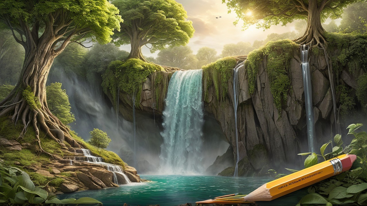 Cascading Waterfalls in a Lush Landscape Scene