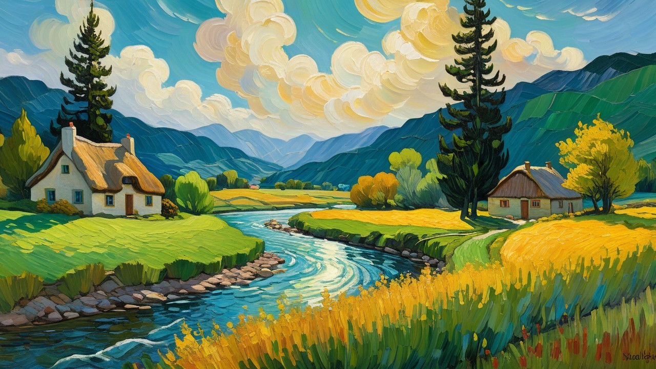 Serene River Landscape with Cottages and Wildflowers