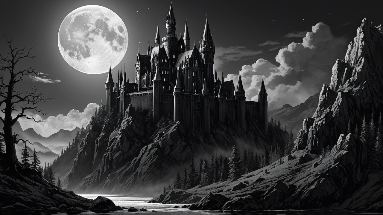 Gothic Castle on Cliff Under Full Moon and Stars