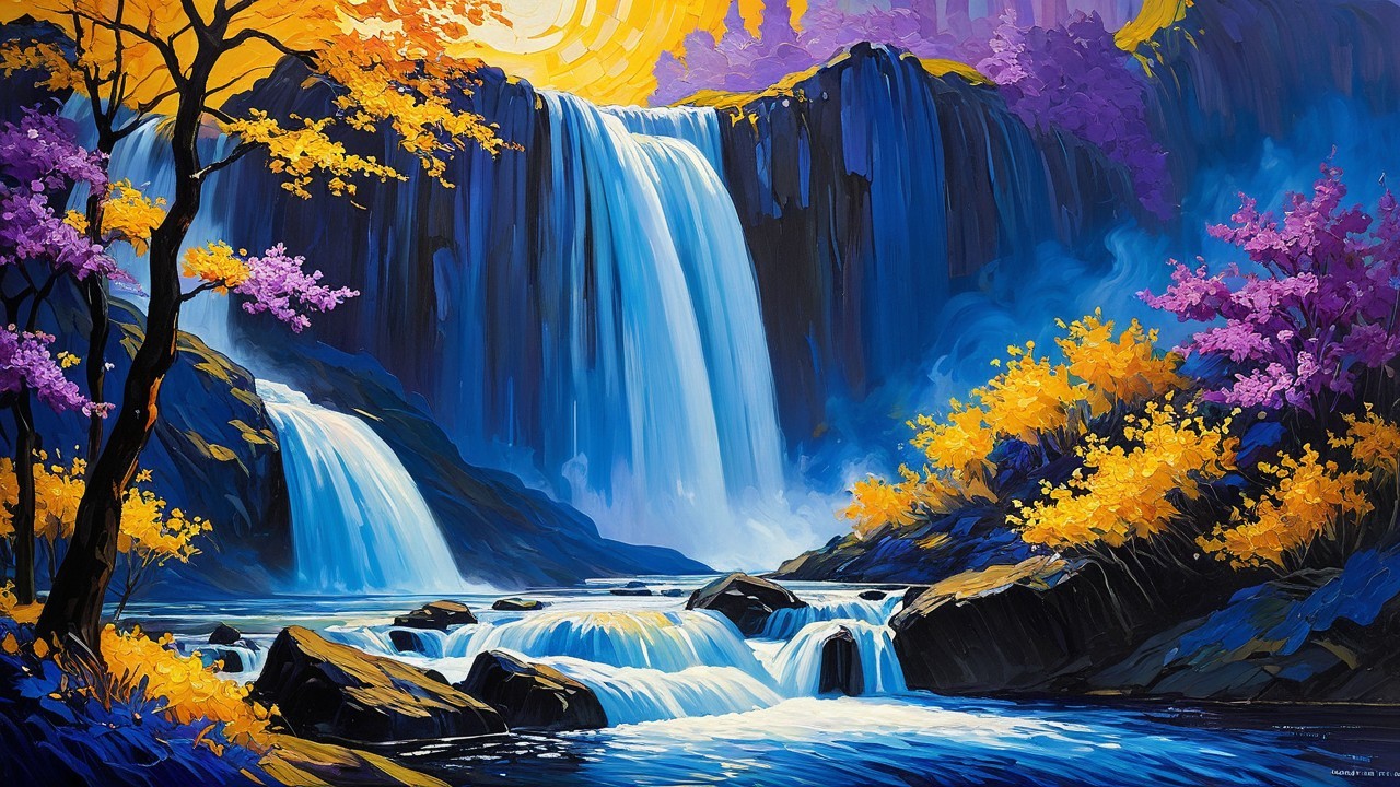 Impressionistic Painting of a Waterfall and Landscape