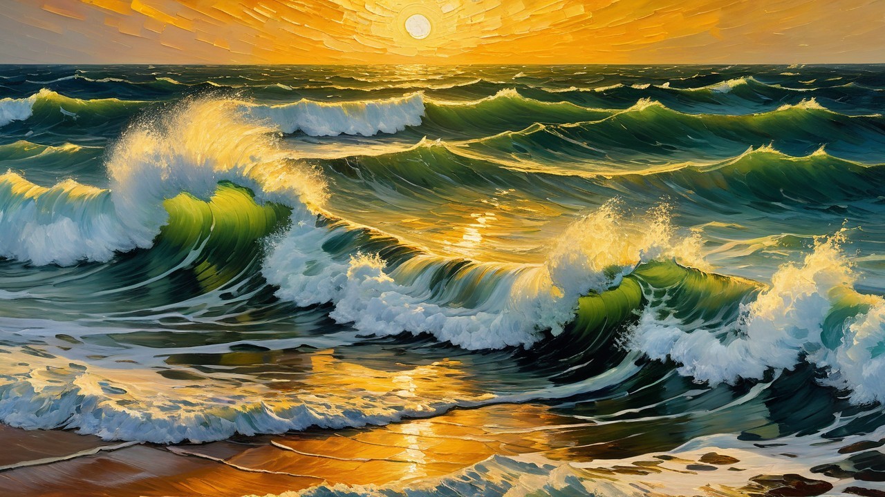 Vibrant Sunset Seascape with Dynamic Waves and Shore