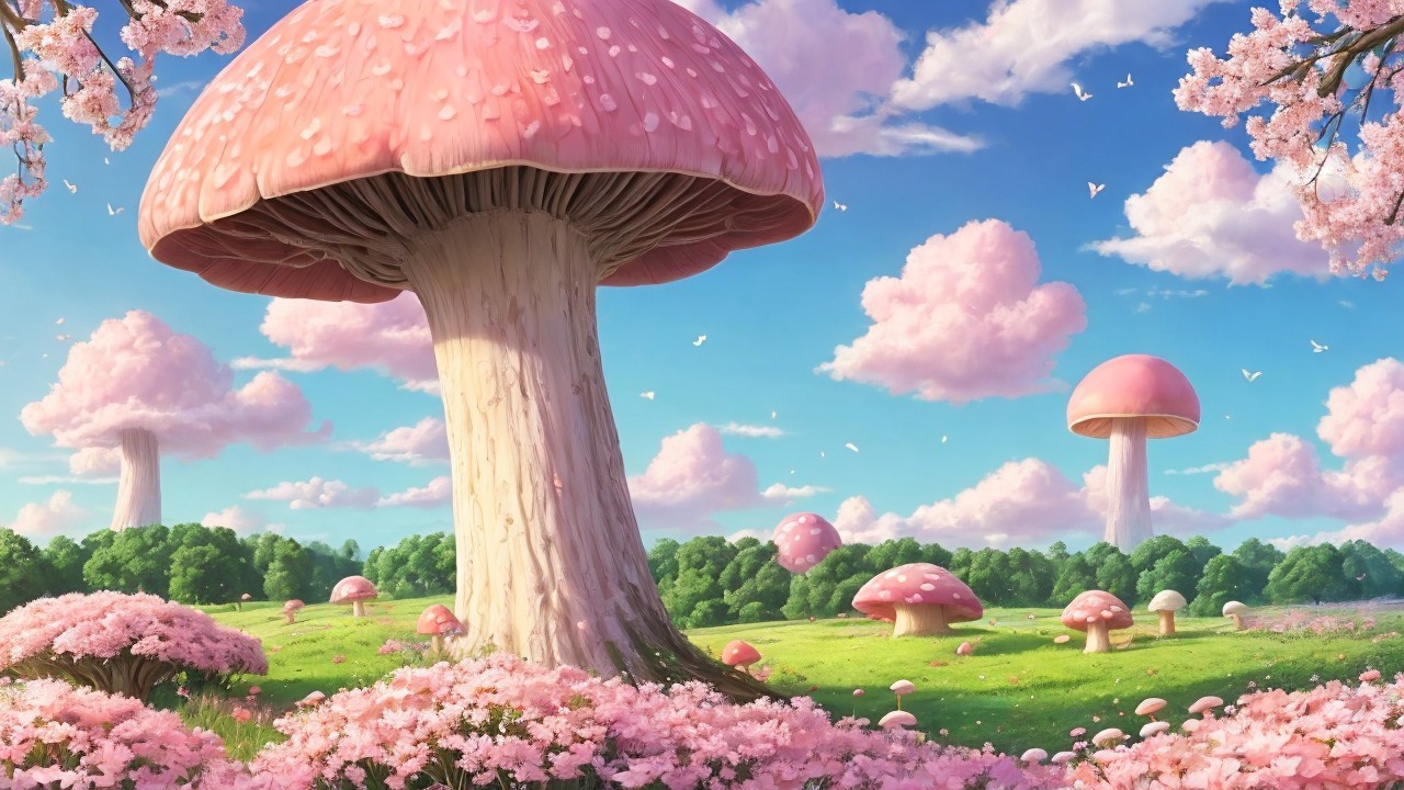 Whimsical Landscape with Giant Pink Mushrooms and Flowers