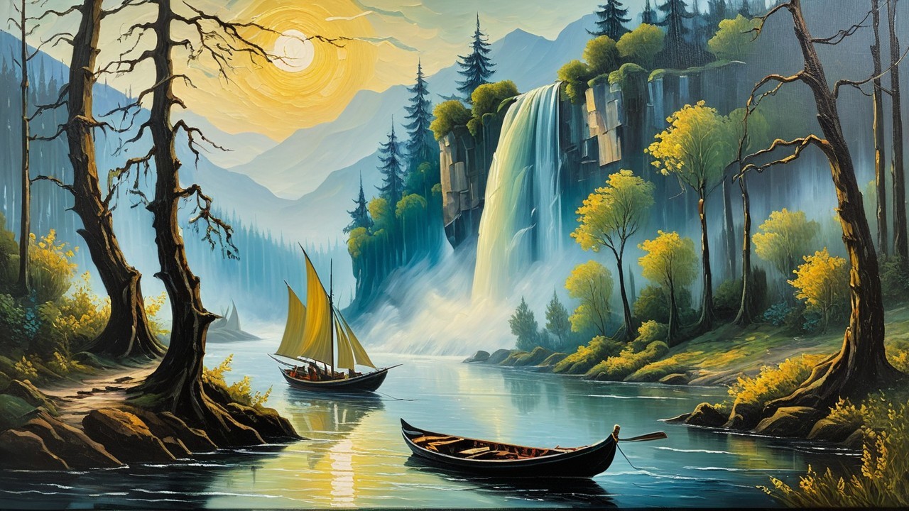 Vibrant landscape with river, boats, and mountains