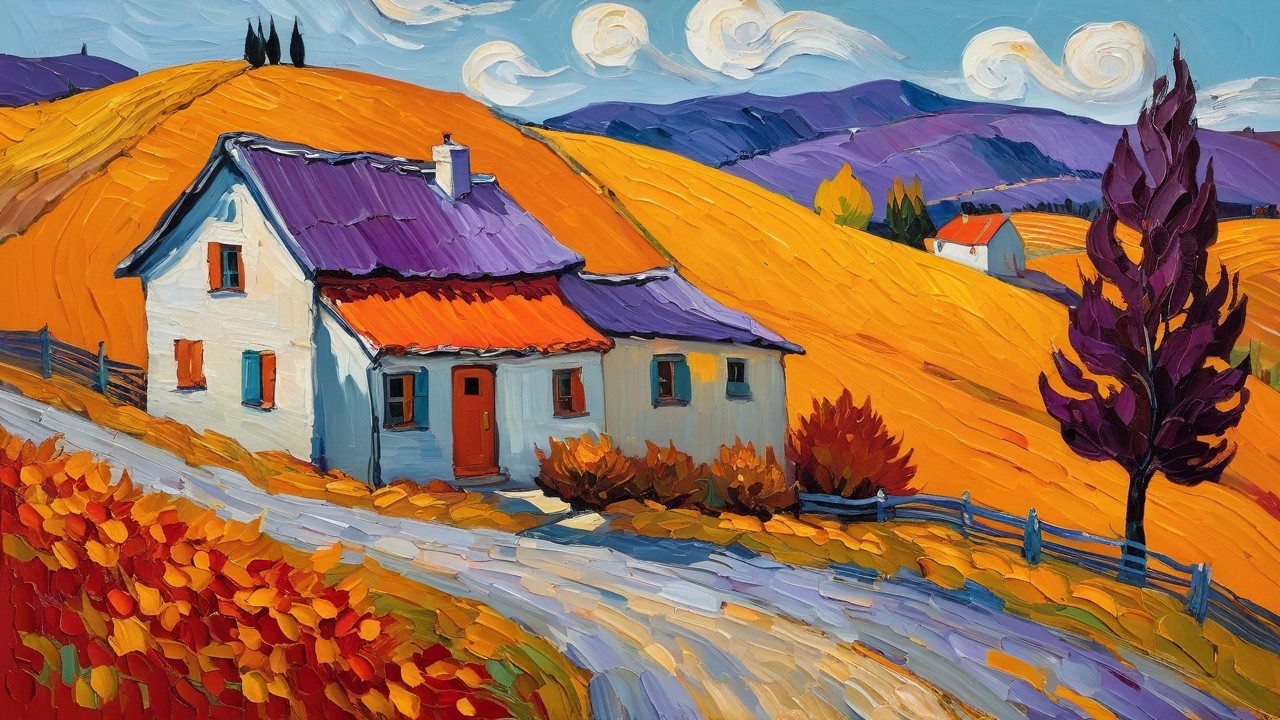 Vibrant Landscape with White House and Colorful Hills