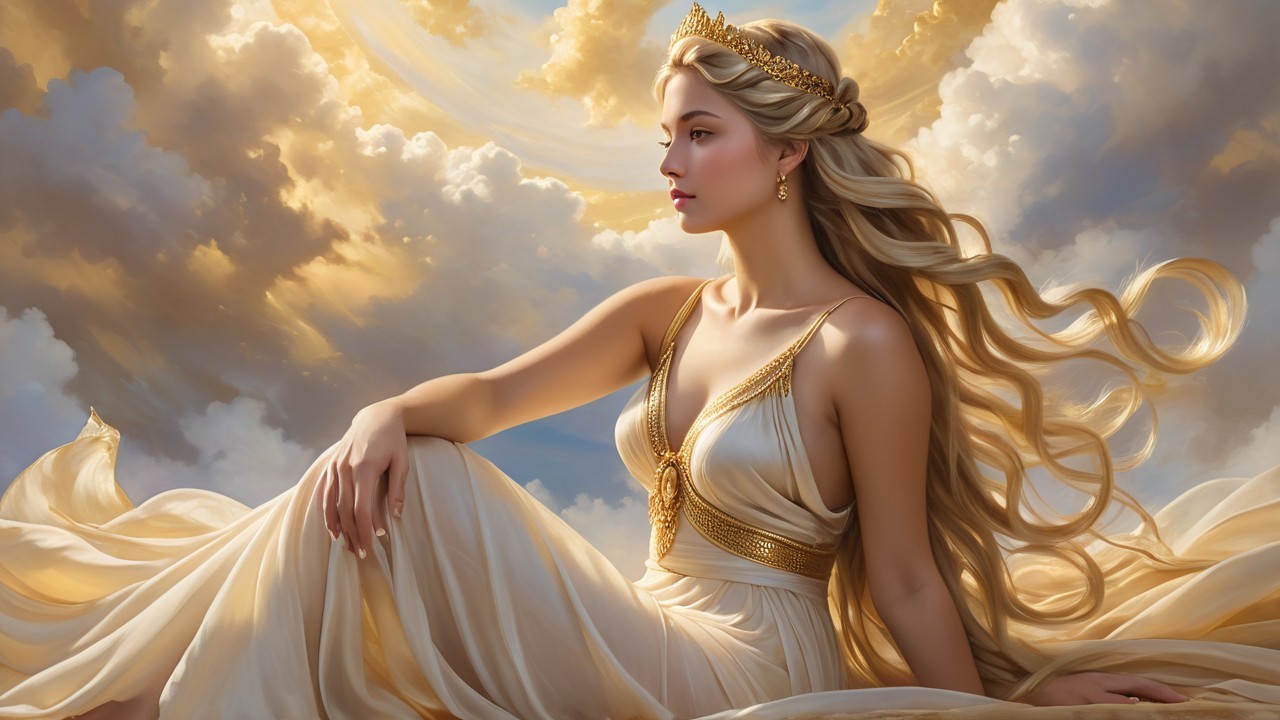 Serene Figure in Elegant Gown Against Cloudy Background