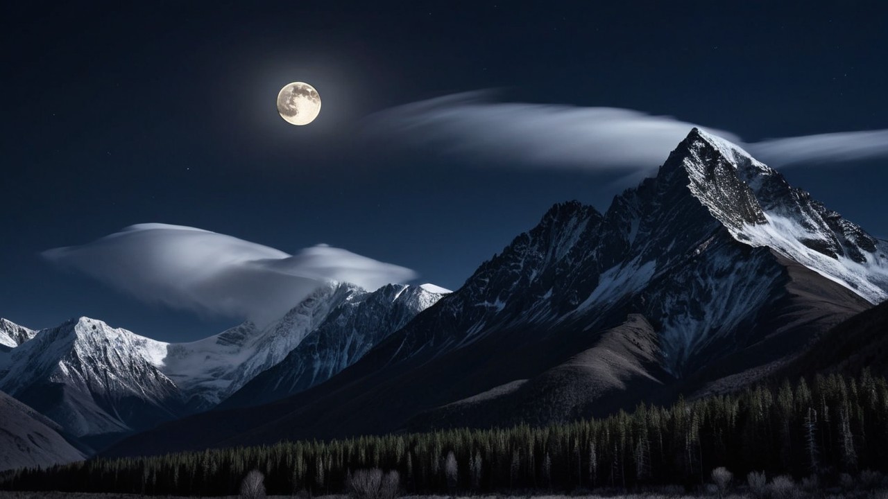 Snow-Capped Mountains Under Full Moon and Clouds
