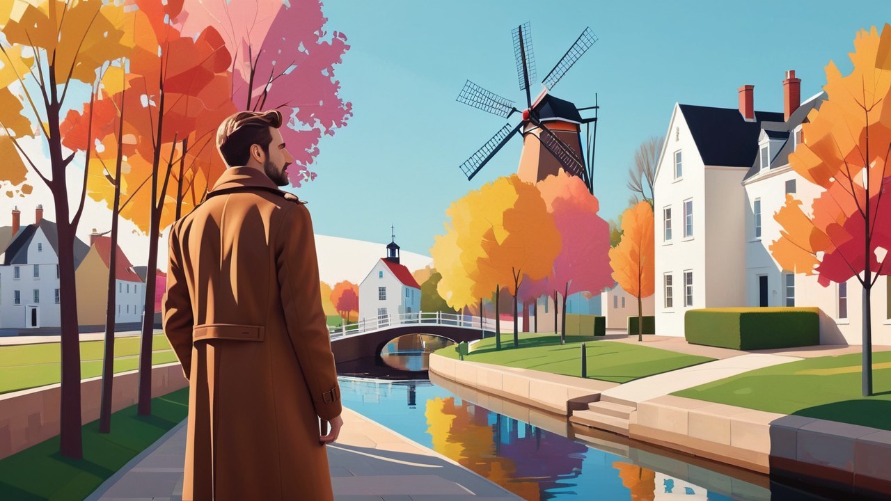 Man in Brown Coat by Canal with Autumn Foliage