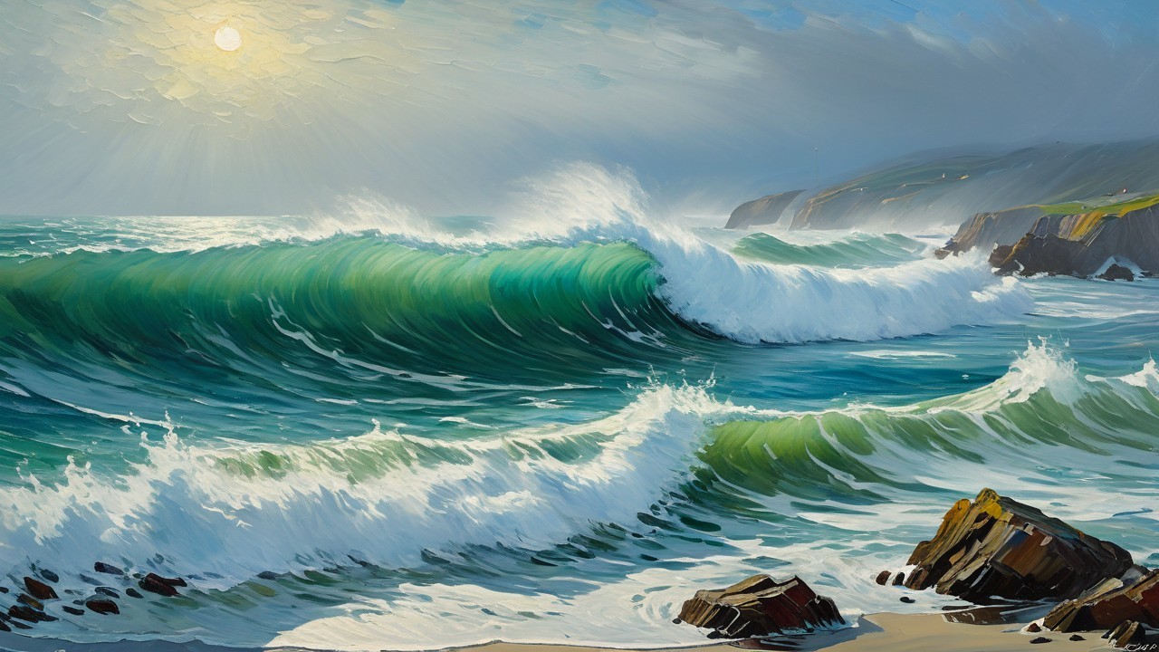 Vibrant Ocean Scene with Green Waves and Rocky Shores