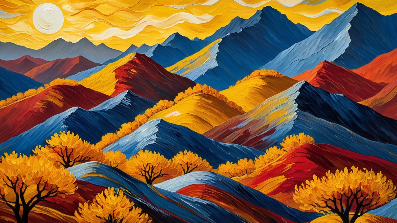 Vibrant Impressionistic Mountain Landscape at Sunrise