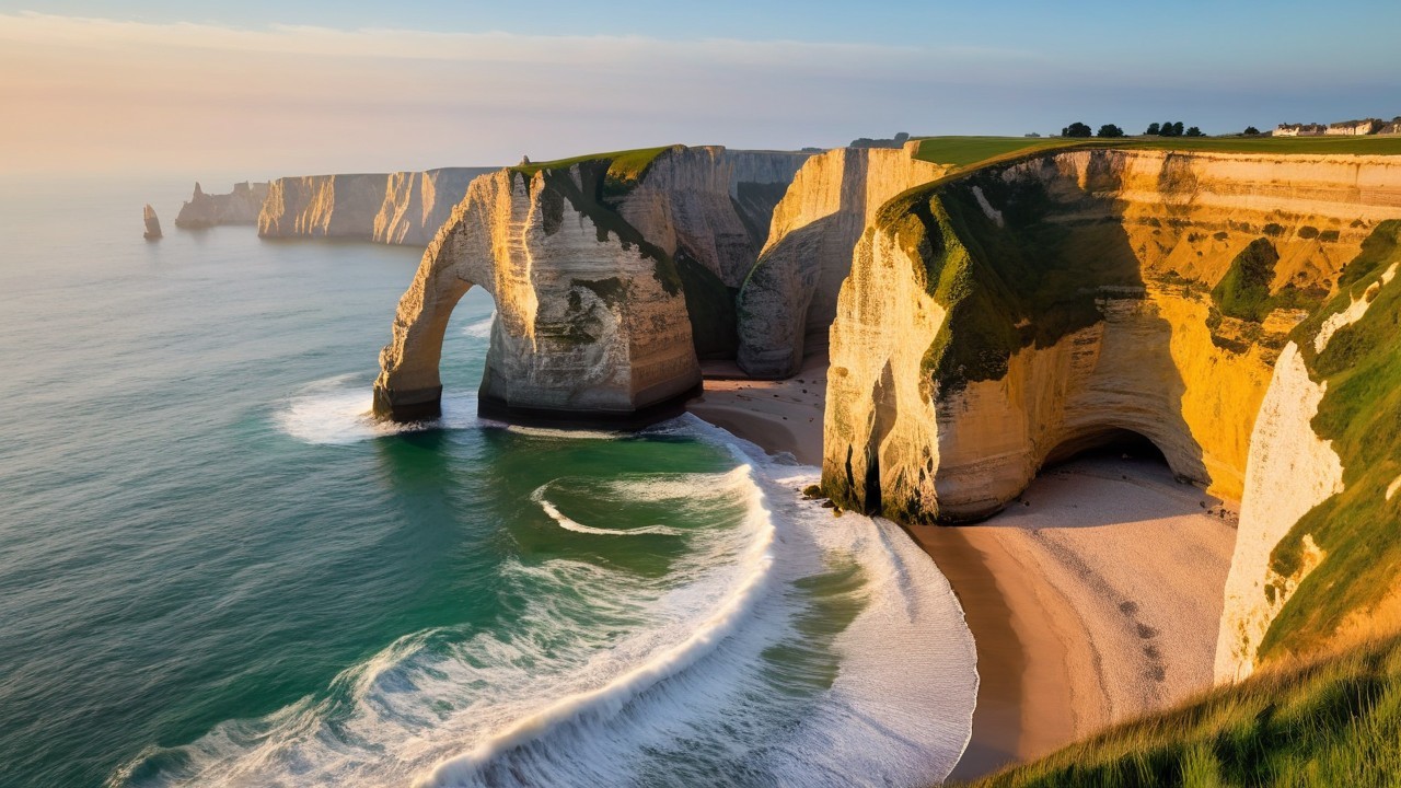 Coastal Landscape with Chalk Cliffs and Sunset Glow