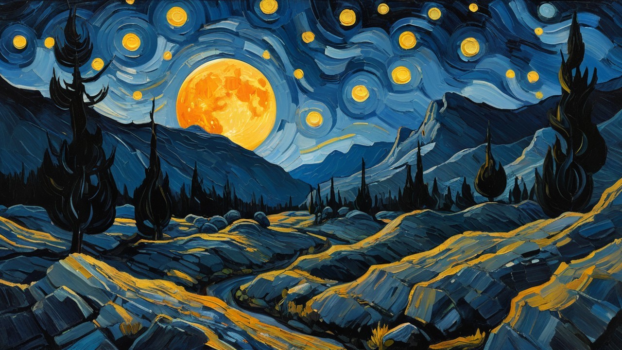 Vibrant Night Scene with Luminous Moon and Mountains