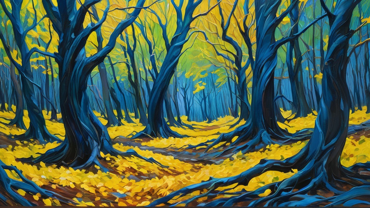 Vibrant Forest Scene with Twisting Trees and Colors