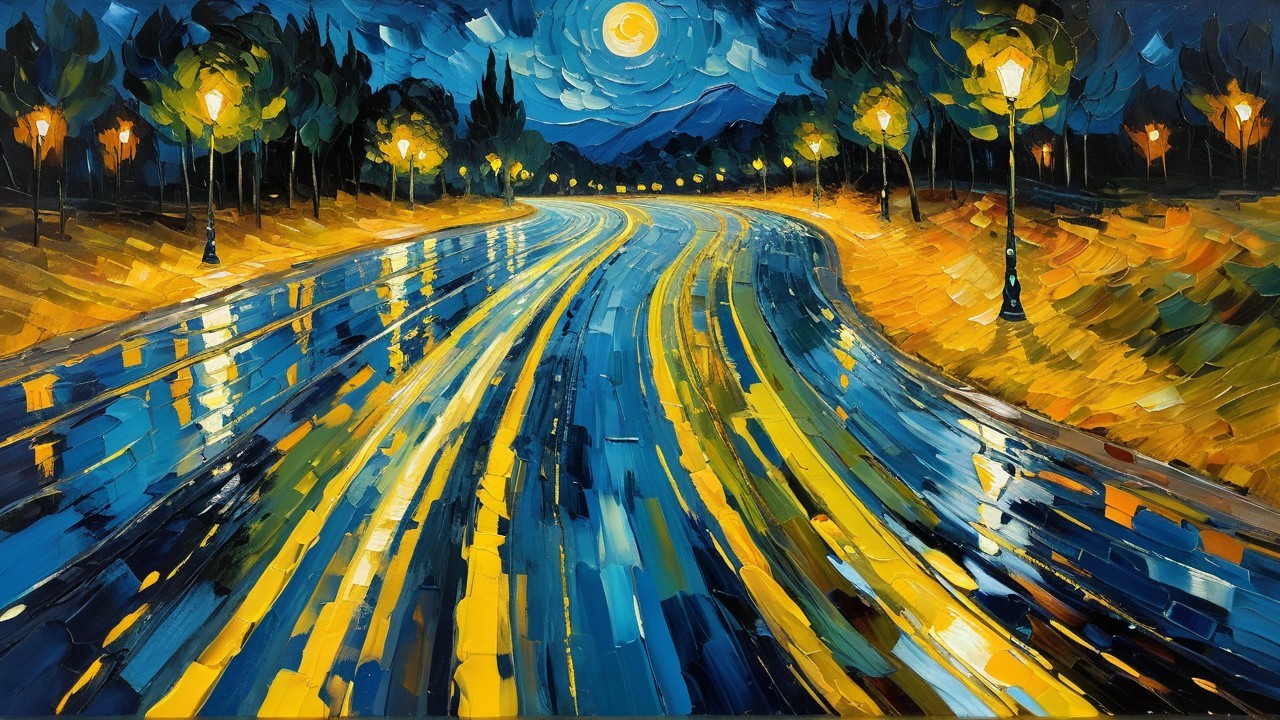 Vibrant Night Scene with Illuminated Winding Road