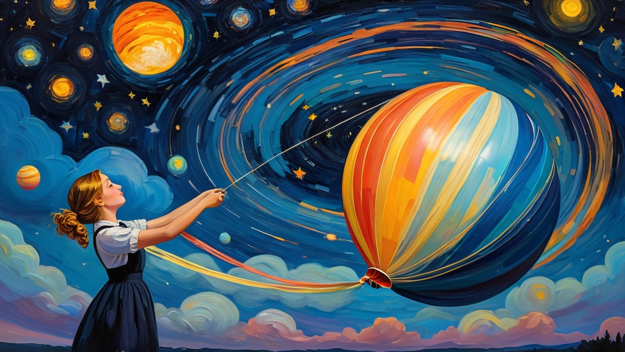 Young girl with balloon in a cosmic night scene