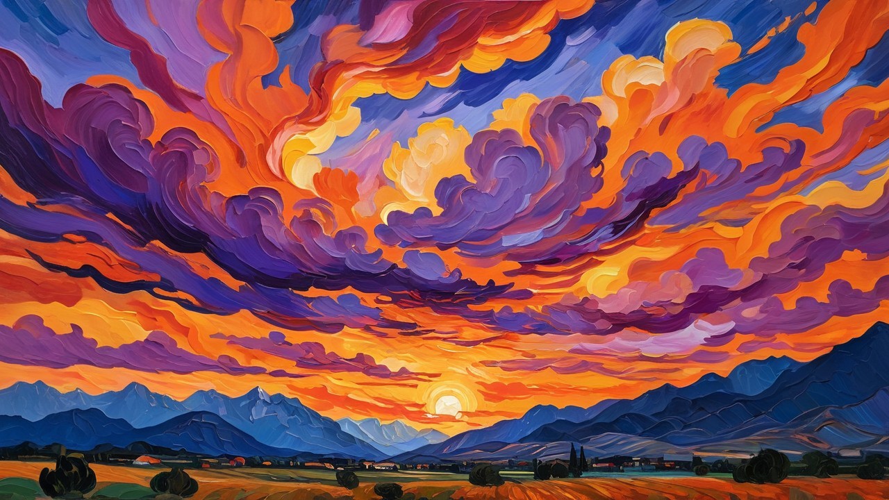 Vibrant Sunset with Colorful Sky and Distant Mountains